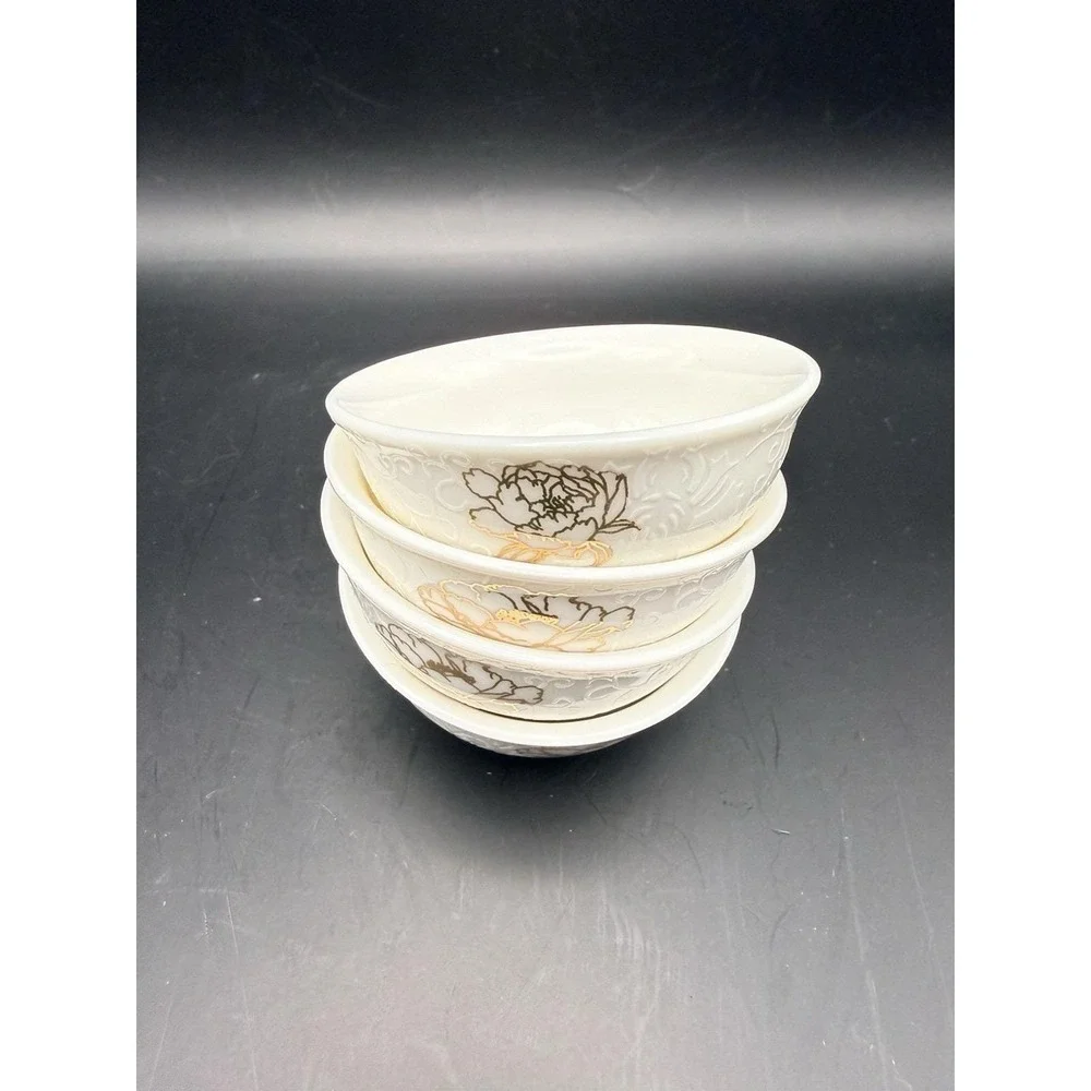 Vintage Japanese Porcelain Bowls Set 4 Gold Floral Butter Condiment Dishes